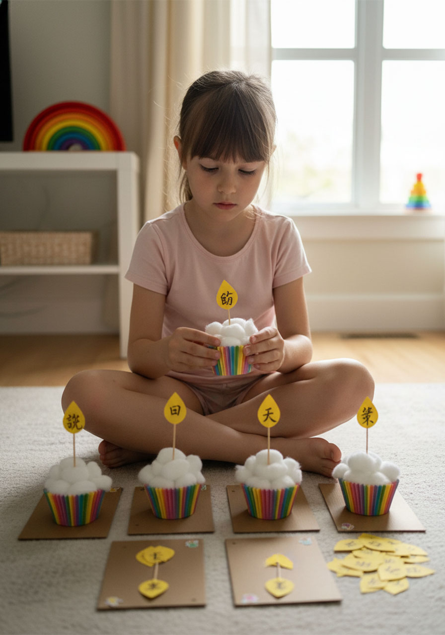 Young girl matching word flames to birthday cupcake cards during educational sight word game activity