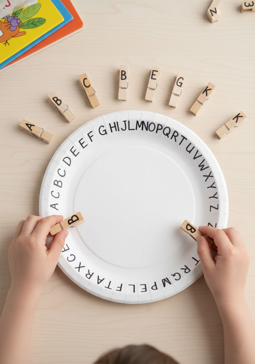 Preschooler matching letter clothespins to alphabet plate during circle time literacy activity