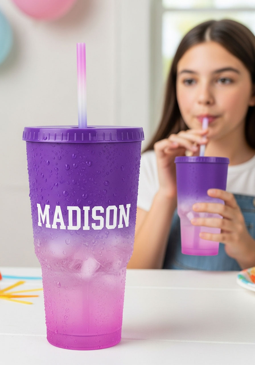 Personalized color-changing reusable cup with straw party favor for teen birthday party