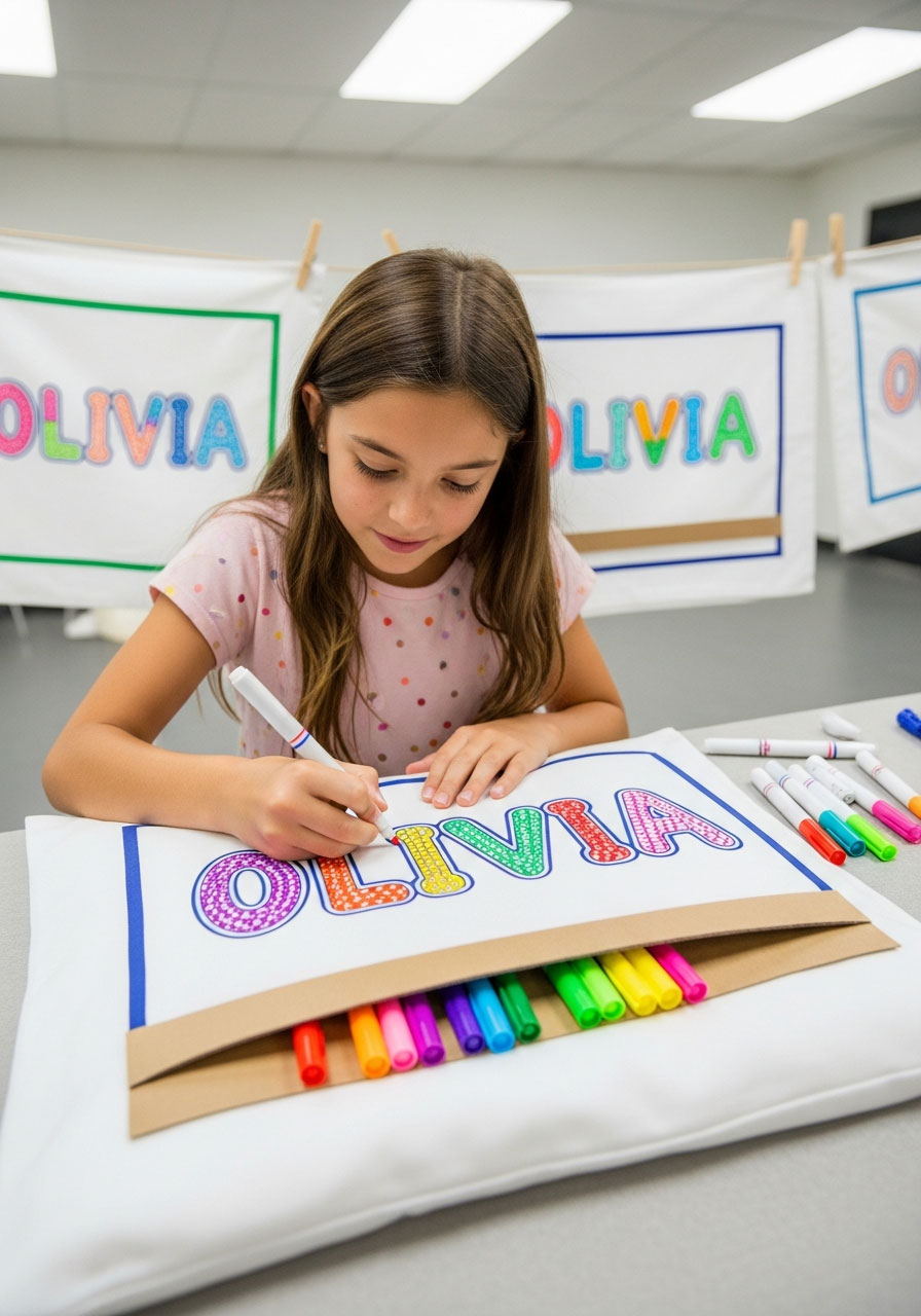 Child coloring personalized name pillowcase party favor with fabric markers at sleepover
