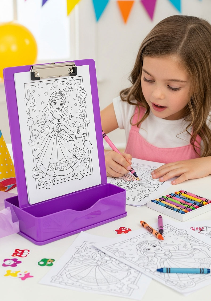 Coloring clipboard with storage party favor and child coloring at birthday celebration