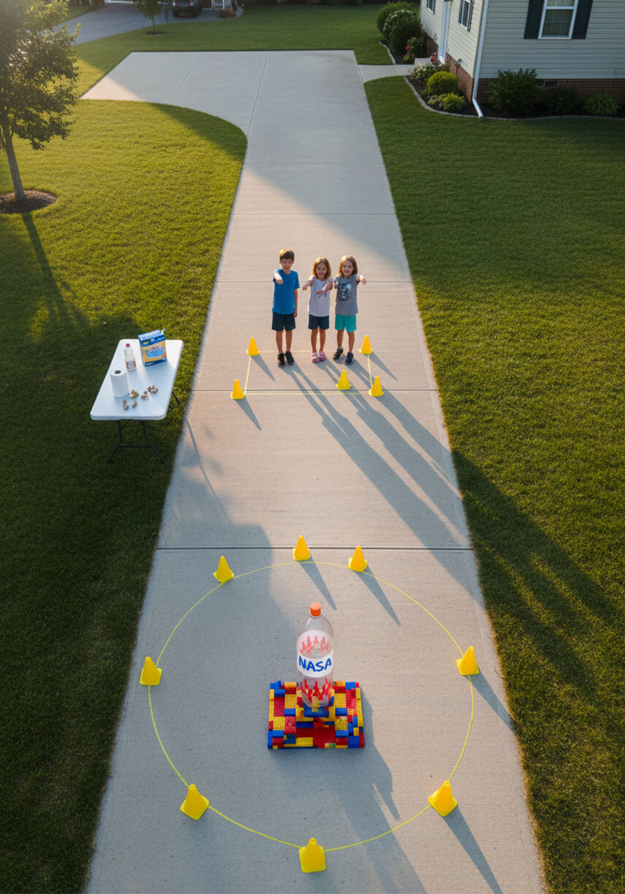 Complete backyard bottle rocket launch setup showing safety zone, launch pad, decorated rocket, and kids standing at safe distance with supplies