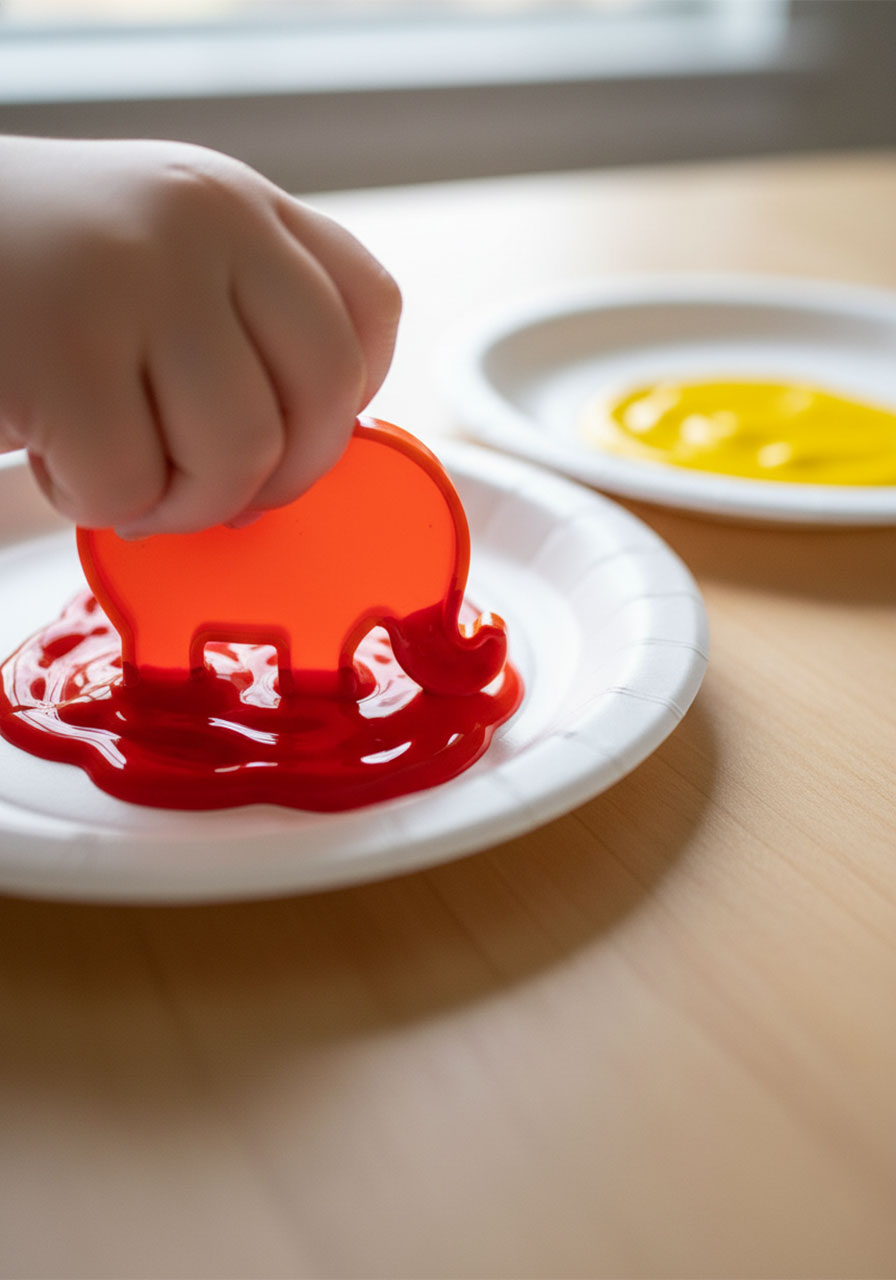 Child's hand pressing elephant-shaped cookie cutter into red washable paint on paper plate for stamping