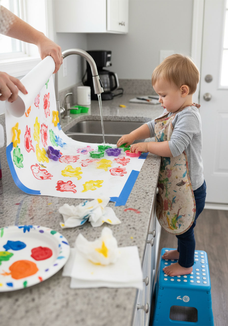 Toddler washing paint-covered cookie cutters at kitchen sink while parent rolls up finished artwork showing easy cleanup