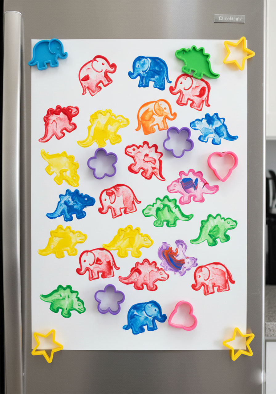 Finished cookie cutter painting artwork showing colorful stamped animal shapes on white paper hanging on refrigerator