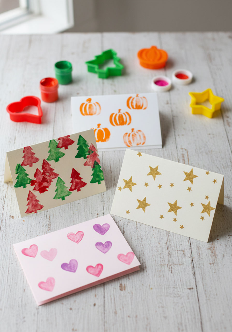 Handmade holiday greeting cards created using cookie cutter painting technique with seasonal shapes like Christmas trees and hearts