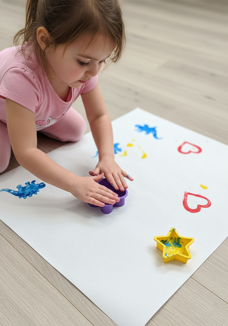 Young girl pressing flower-shaped cookie cutter onto paper to create paint stamp during cookie cutter painting activity