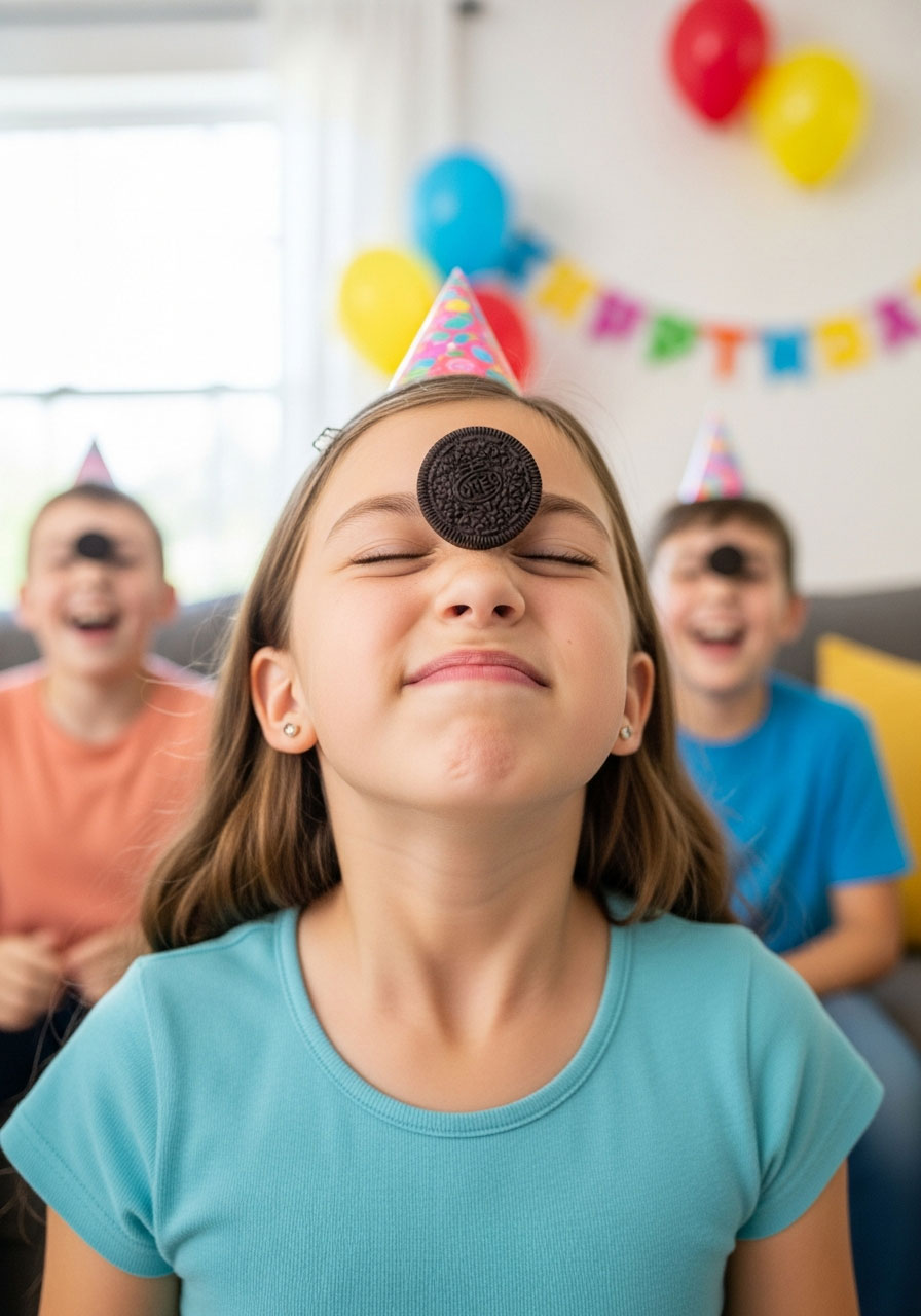 Child playing Cookie Face minute to win it game at birthday party with cookie on forehead