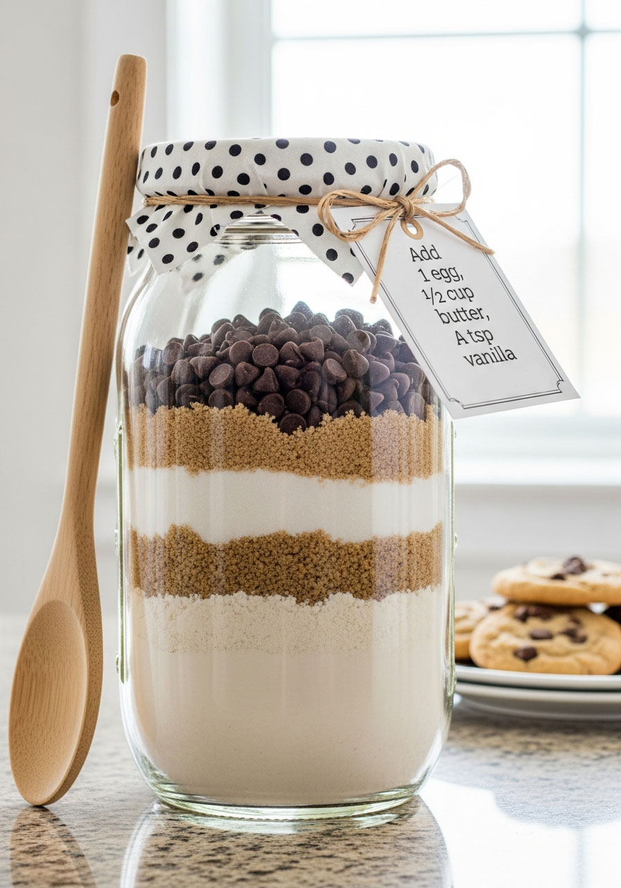Layered cookie mix in mason jar party favor with recipe card for homemade baking