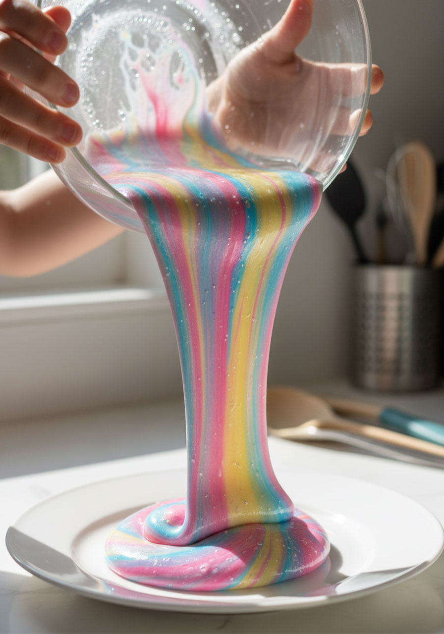 Rainbow cornstarch and dish soap bubble dough being poured from bowl showing silky stretchy texture for DIY sensory play
