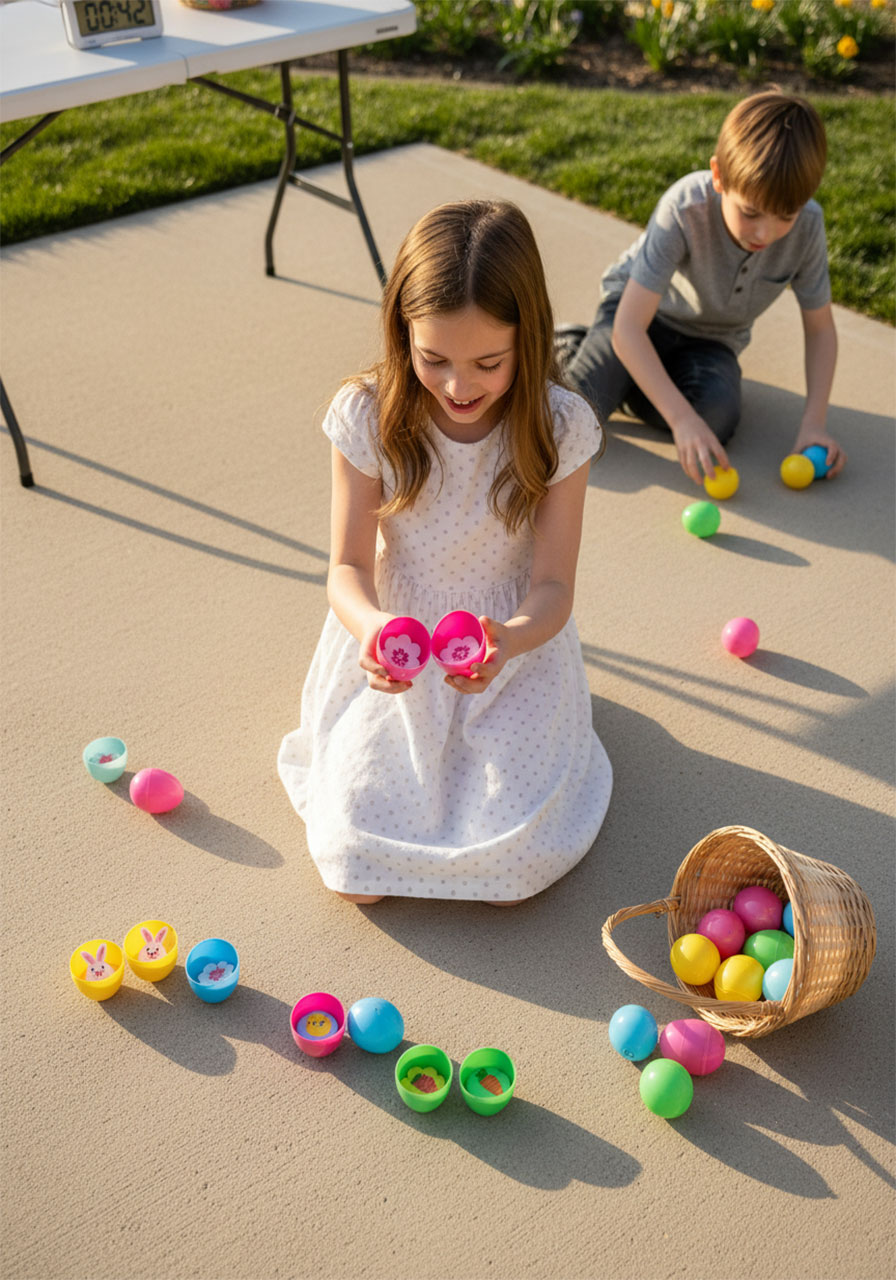 Children playing cracked eggs memory matching game with plastic Easter eggs and stickers at spring party