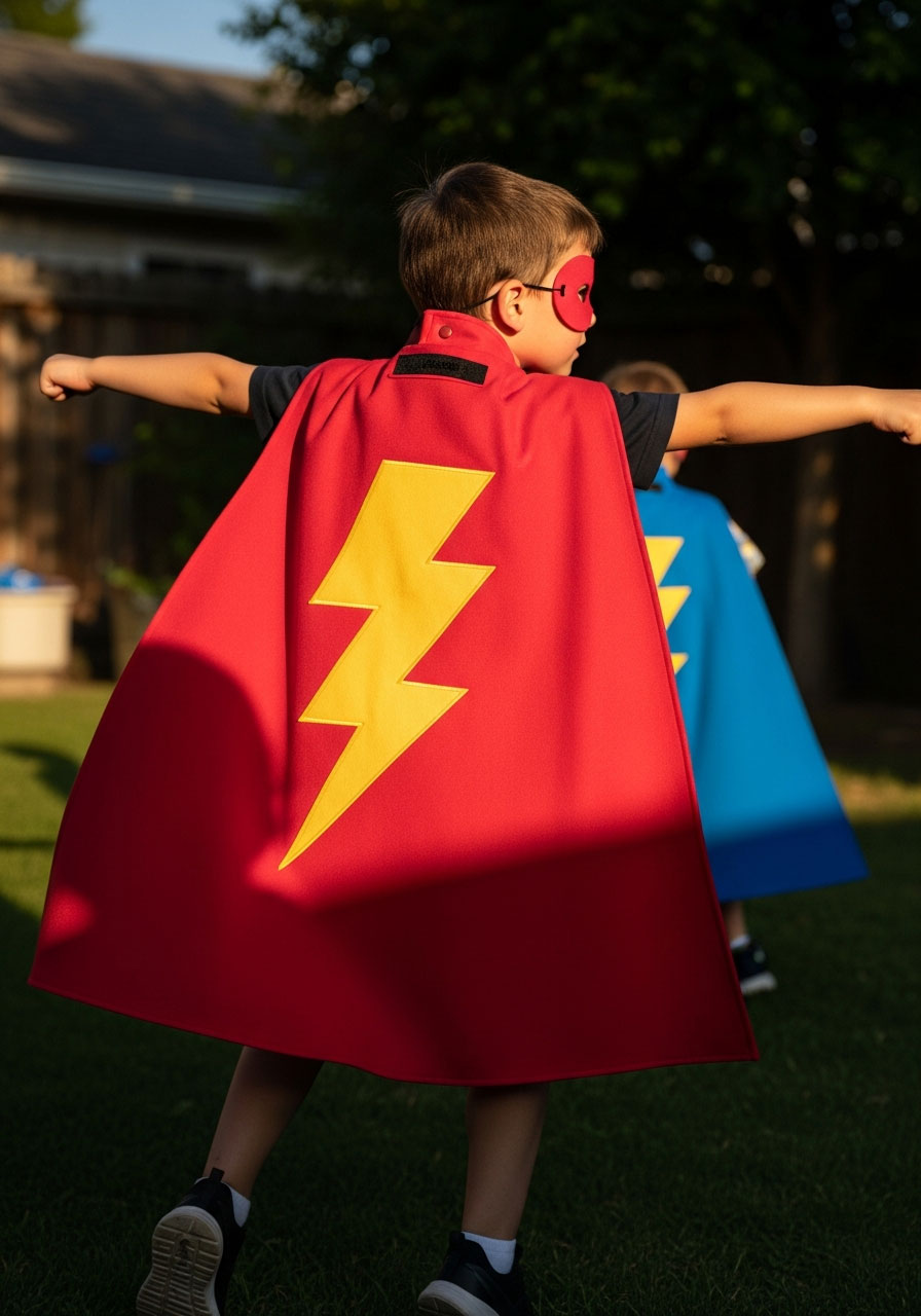 Child wearing custom superhero cape party favor with lightning bolt symbol in action pose