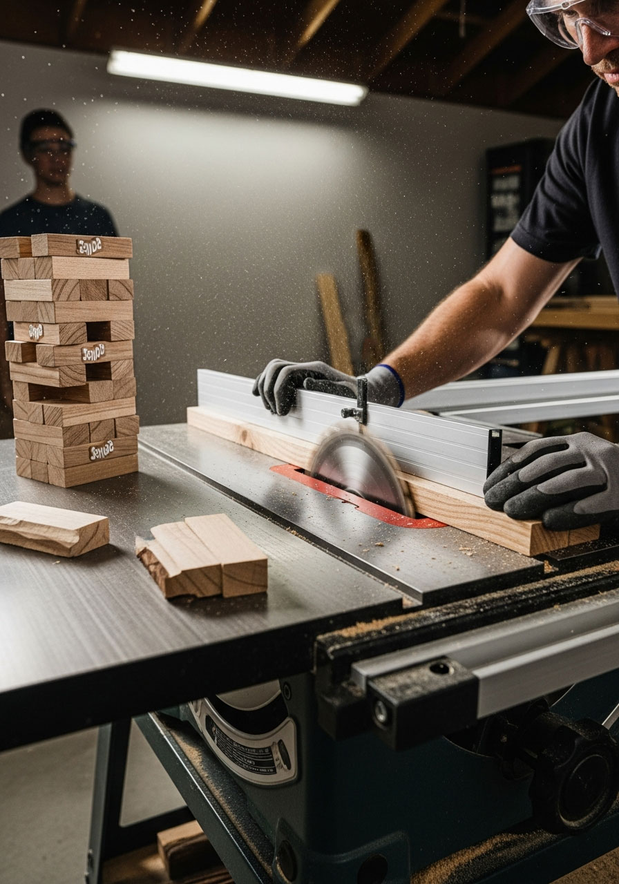 Cutting 2x3 lumber into 7.5-inch pieces using table saw with safety equipment for giant Jenga yard game construction