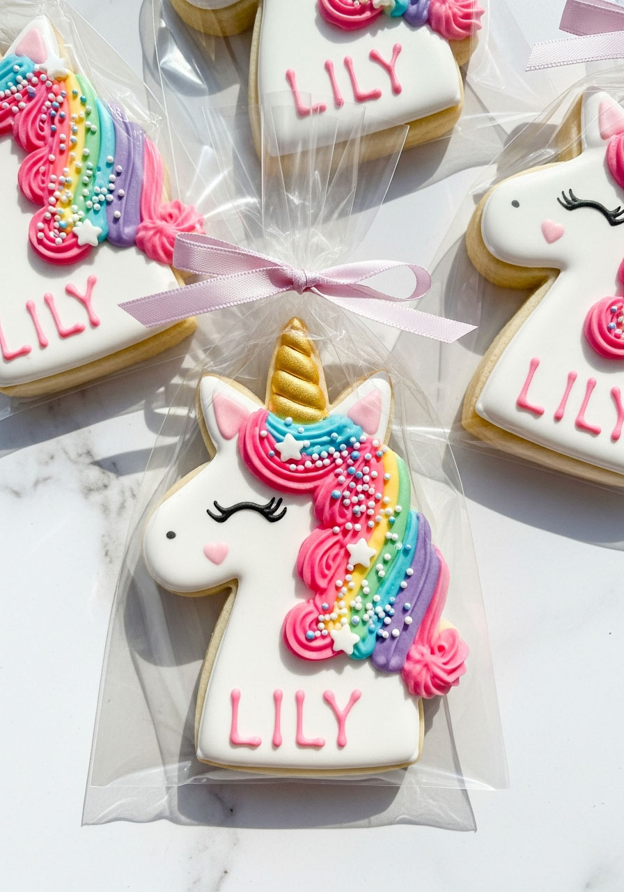 Decorated unicorn-themed sugar cookie party favor with royal icing and personalized name