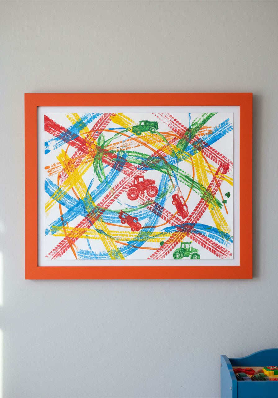 Three different toy vehicles with various wheel sizes creating unique colorful tire track patterns on art poster board