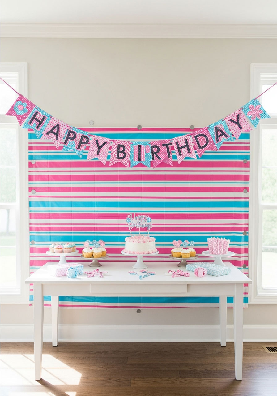 DIY birthday banner hanging above party backdrop with cake table decoration setup