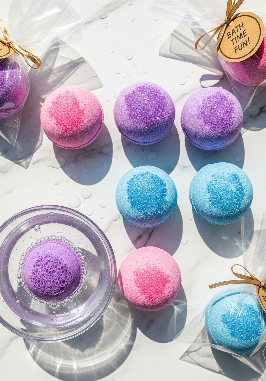 Homemade colorful bath bombs party favors wrapped in cellophane for kids birthday party
