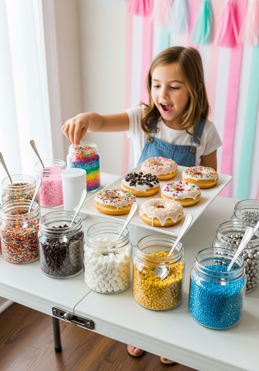 DIY donut decorating station with colorful sprinkles in glass jars and plain glazed donuts for kids birthday party activity