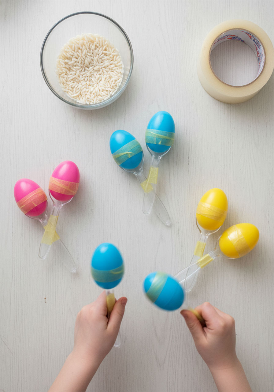 Homemade maracas made from plastic spoons and Easter eggs filled with rice for preschool circle time music activity
