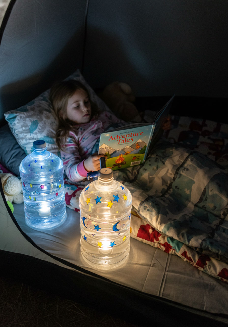 Child reading book inside tent using homemade water bottle reading lamp with flashlight for camping bedtime
