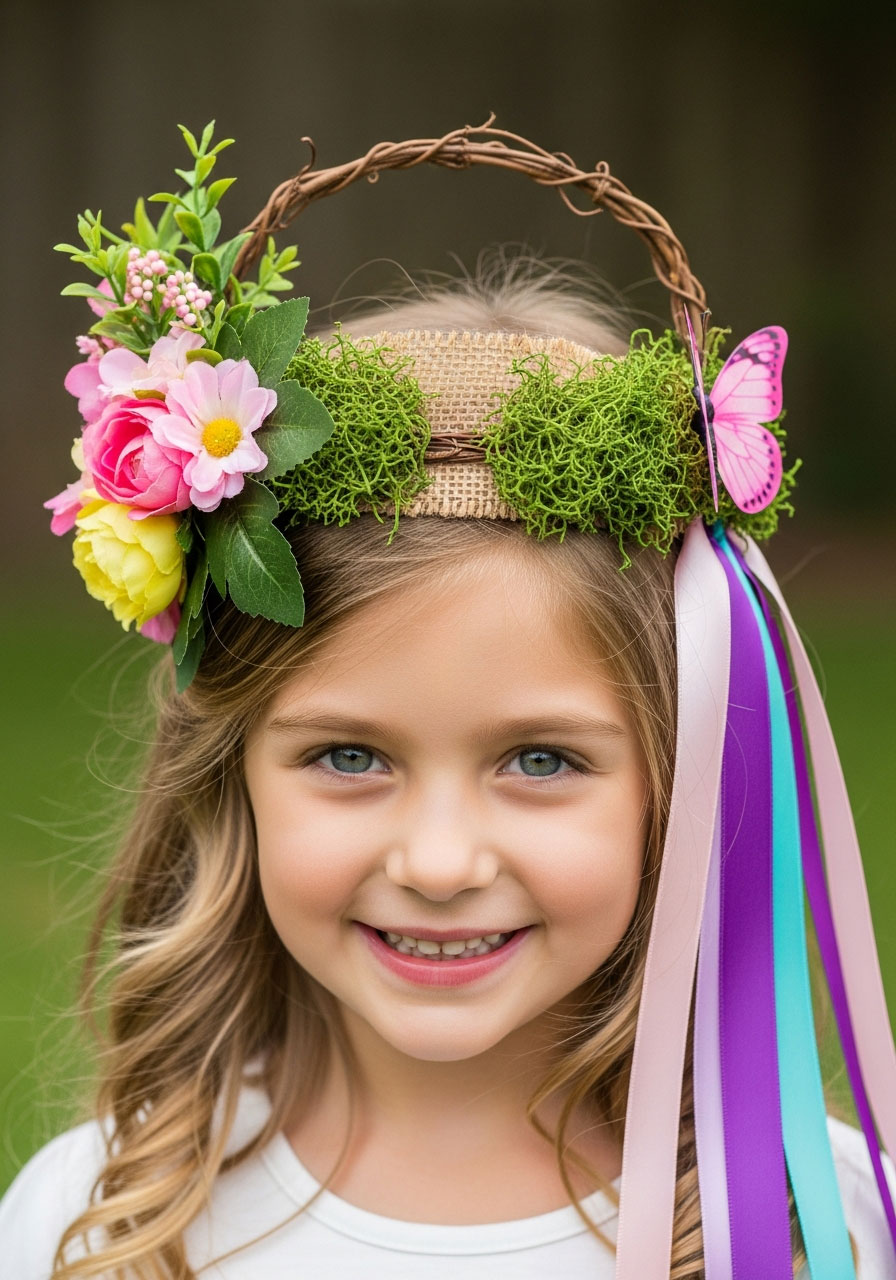 Little girl wearing handmade DIY woodland fairy crown with flowers butterflies and ribbon tails at birthday party