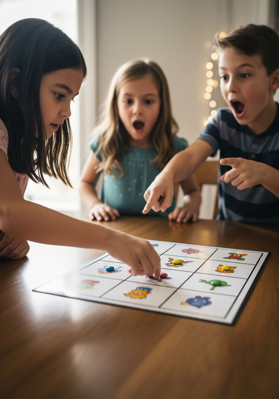 Kids creating fake-out moment in Don't Eat Pete game by pointing to wrong candy to trick player
