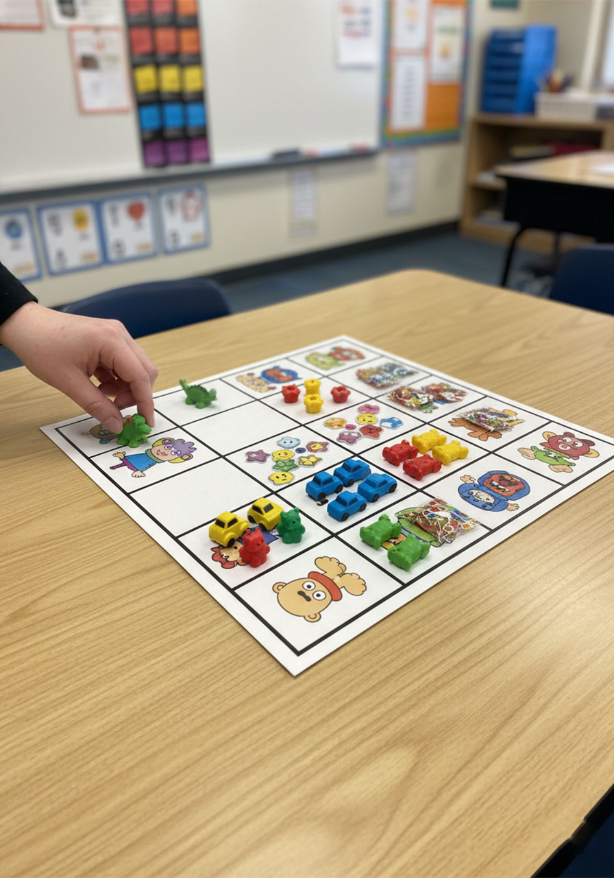 Don't Eat Pete game board with non-candy alternatives including mini erasers and small toys for classroom party