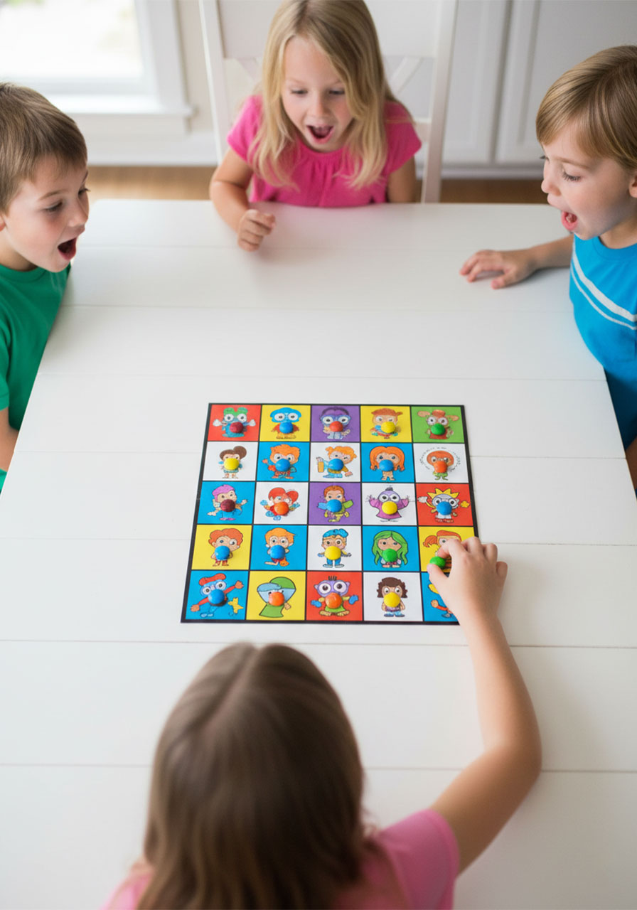 Children playing Don't Eat Pete party game with colorful M&Ms on grid board at birthday party