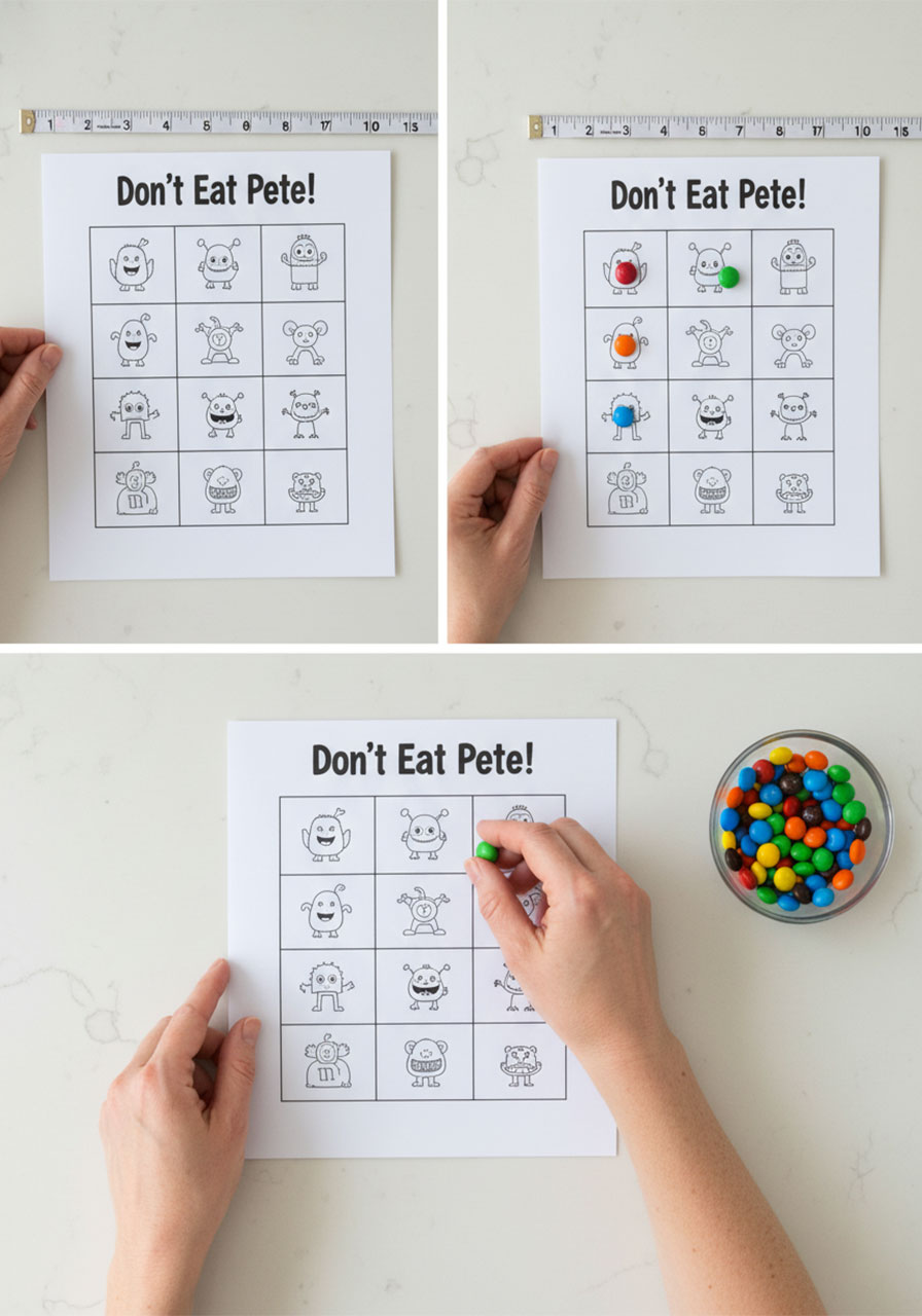 Step-by-step demonstration of quick 5-minute Don't Eat Pete game setup with printed grid and candy