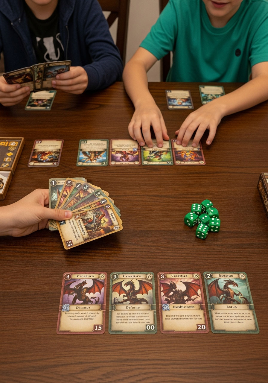 Dragonwood fantasy dice and card game setup showing creature cards, adventurer cards, and dice for family game night adventure