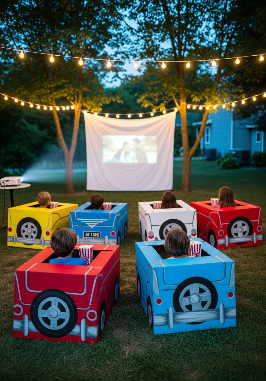 1950s drive-in movie party with cardboard cars and outdoor projector at homestead birthday