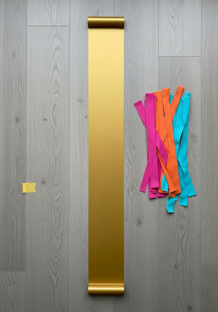 Gold duct tape laid out on floor as base for attaching colorful tablecloth strips to create party backdrop