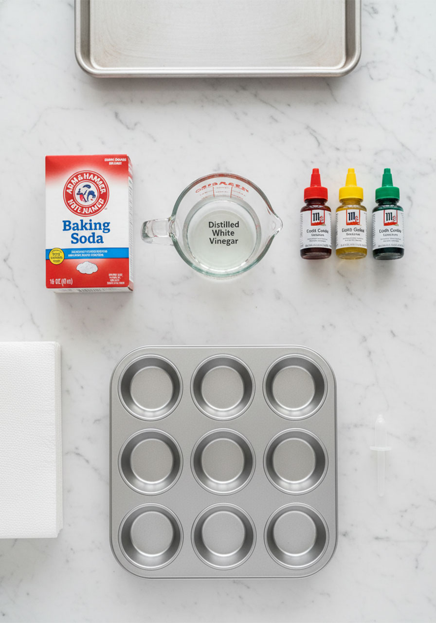 All supplies needed for baking soda and vinegar fireworks experiment including baking soda, vinegar, food coloring, muffin tin, and dropper