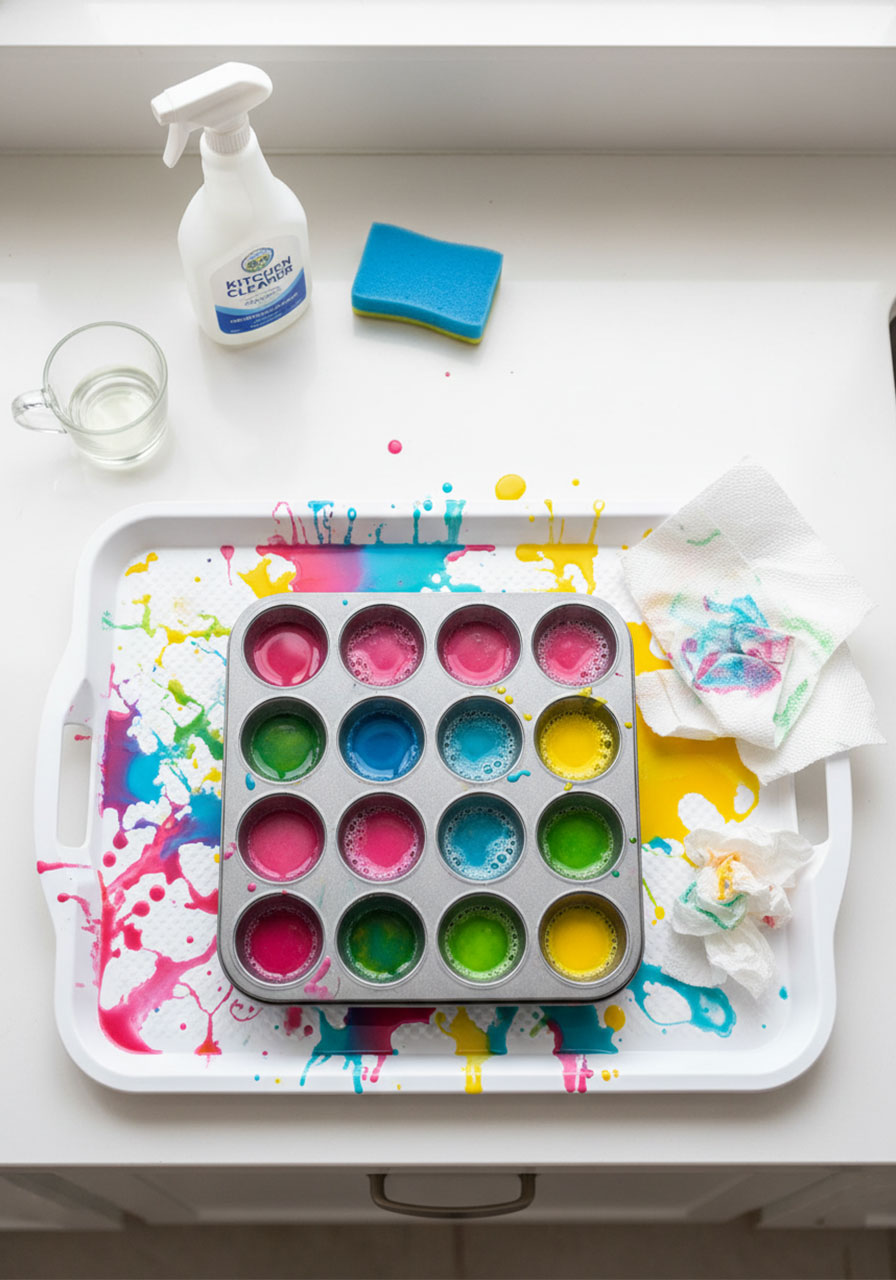 Easy cleanup after baking soda and vinegar fireworks showing contained mess on tray with paper towels ready