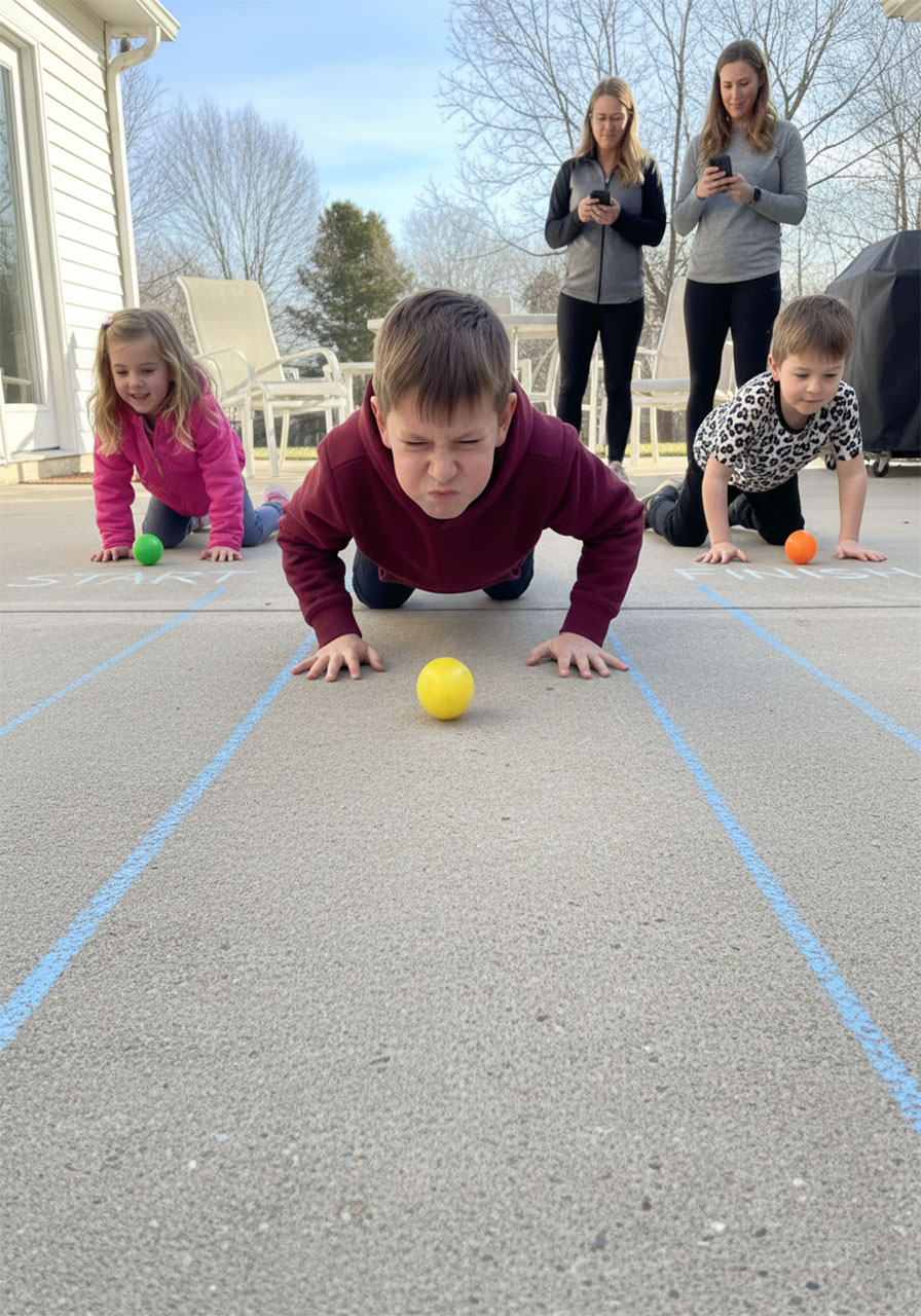 Kids racing on hands and knees pushing Easter eggs with noses in egg scoot spring minute to win it game