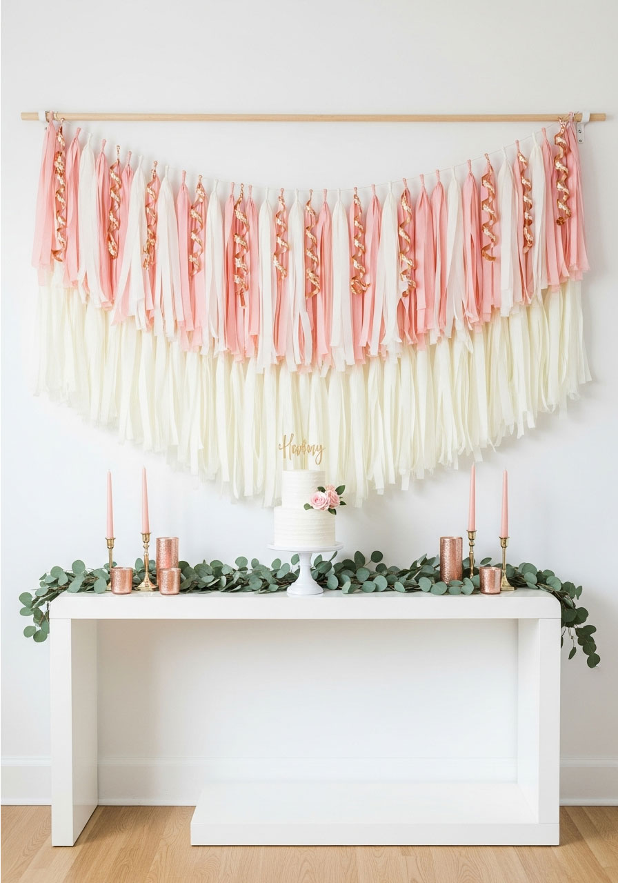 Elegant two-tone blush pink and white crepe streamer backdrop with rose gold accents for sophisticated party decor