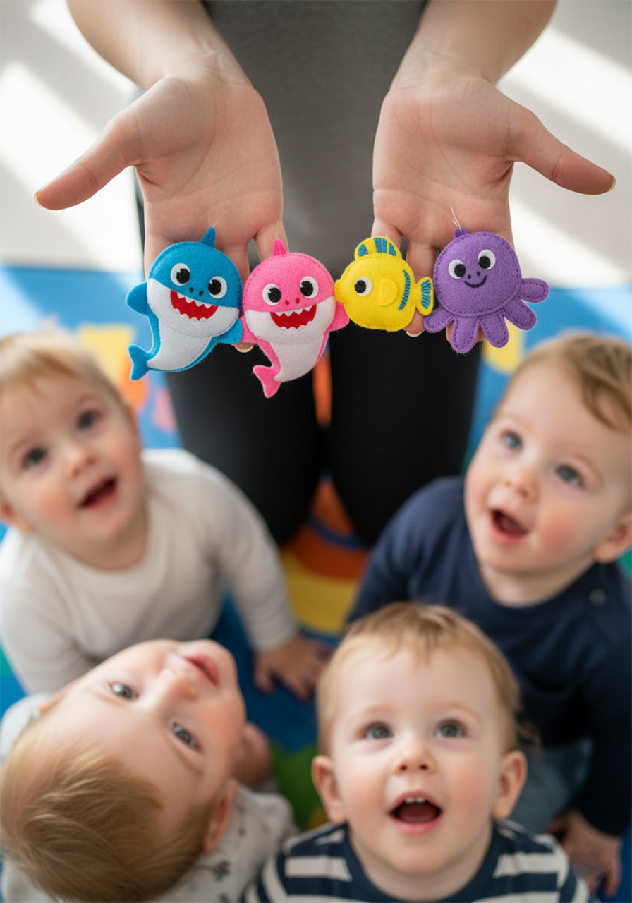 Baby Shark finger puppets engaging toddlers during circle time story and song activity