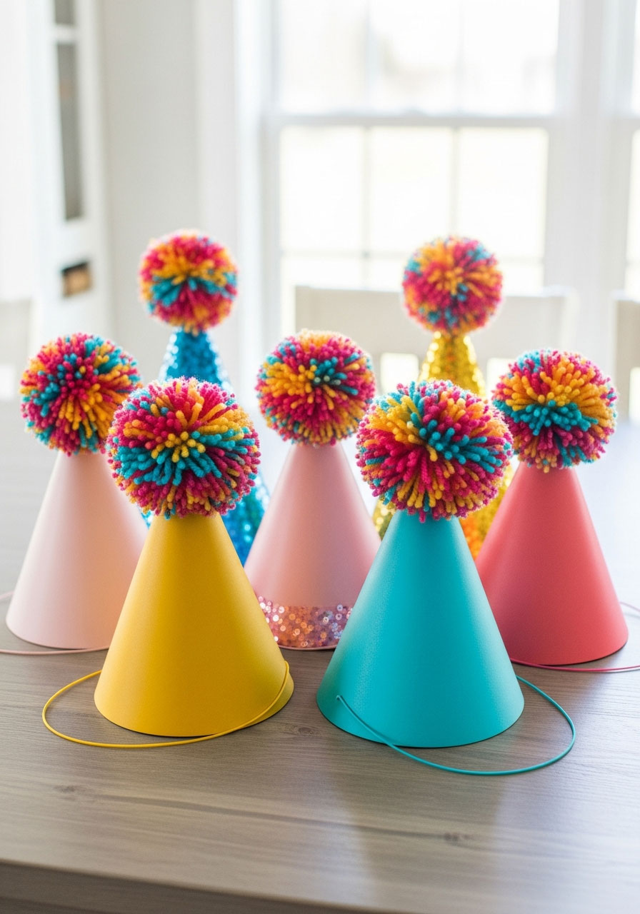 Collection of finished DIY pom pom party hats in various pastel colors displayed on table