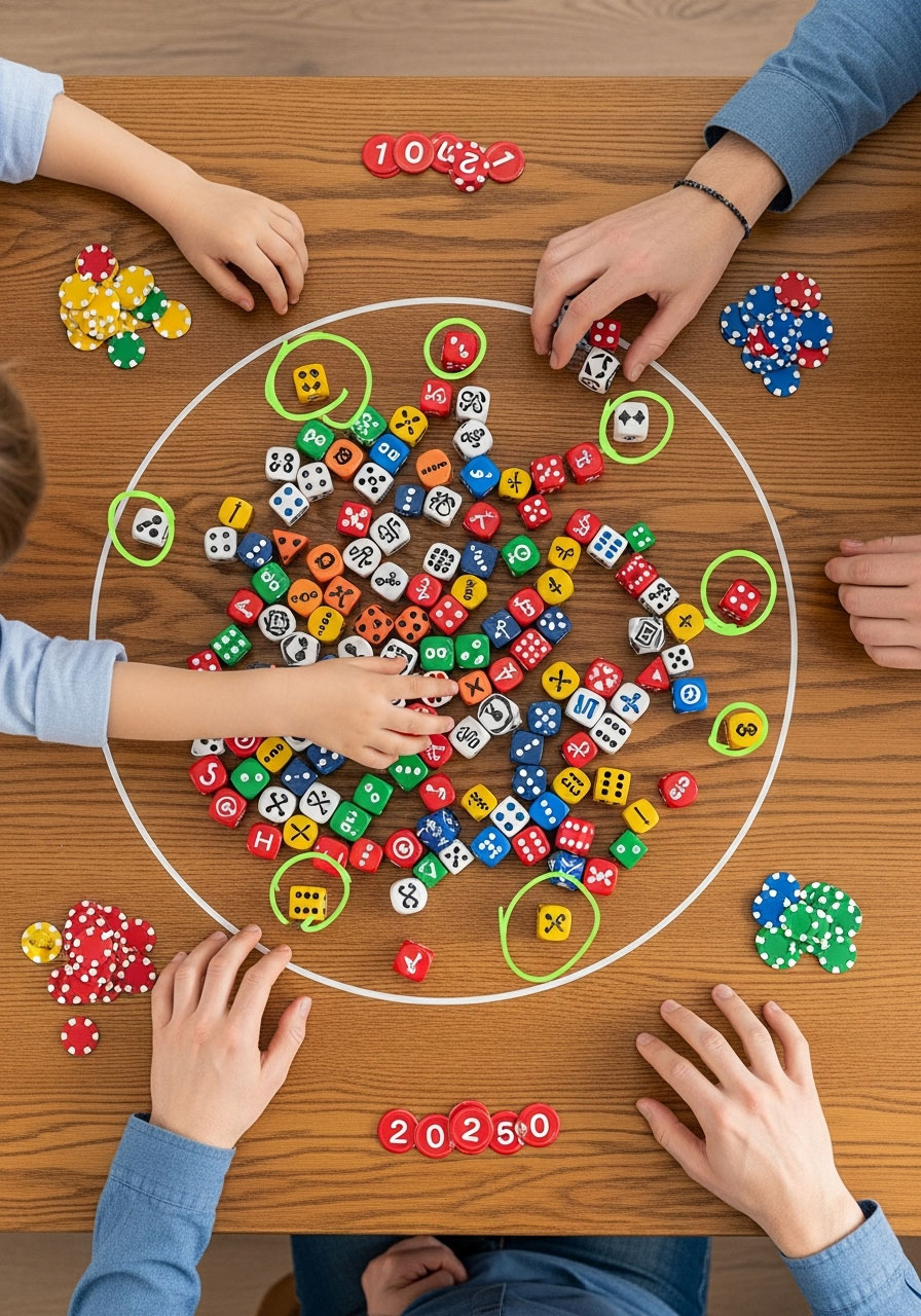 Overhead view of Flash dice game with 36 colorful dice and players' hands reaching to grab matching symbols during fast-paced family competition