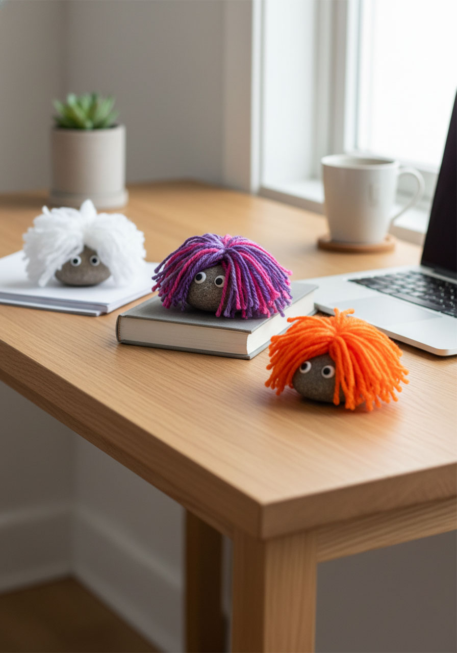 Fluffy pet rocks displayed as decorative paperweights on home office desk with papers and laptop