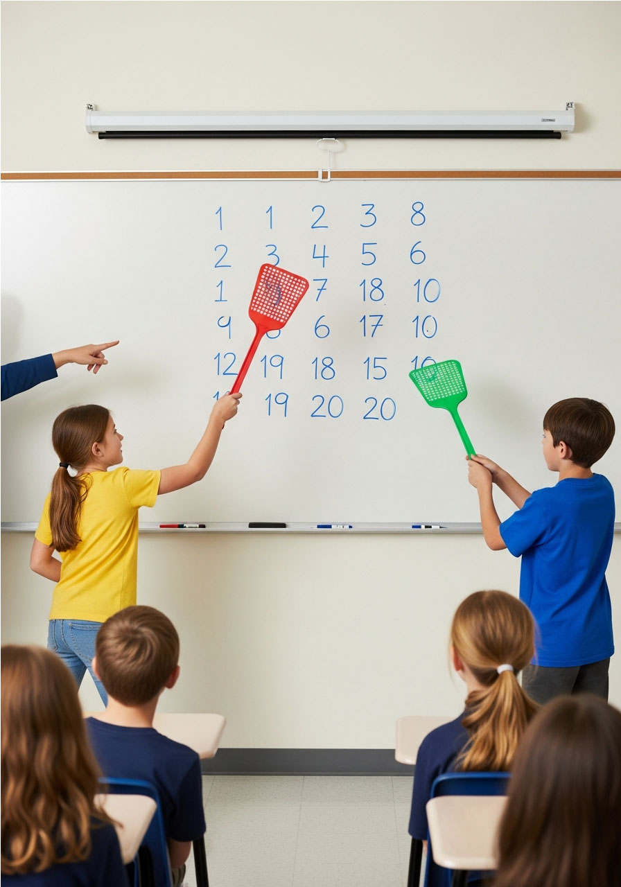 Two students competing with flyswatters at whiteboard during Flyswatter Frenzy indoor recess game