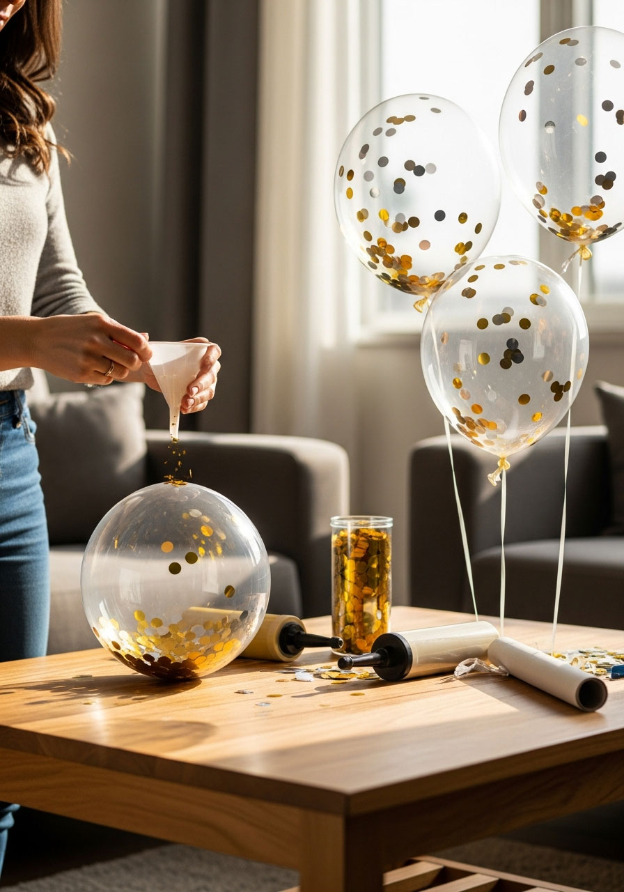 Fun and cheap DIY confetti-filled balloons for birthday party decorations being made with clear balloons and metallic confetti on home table