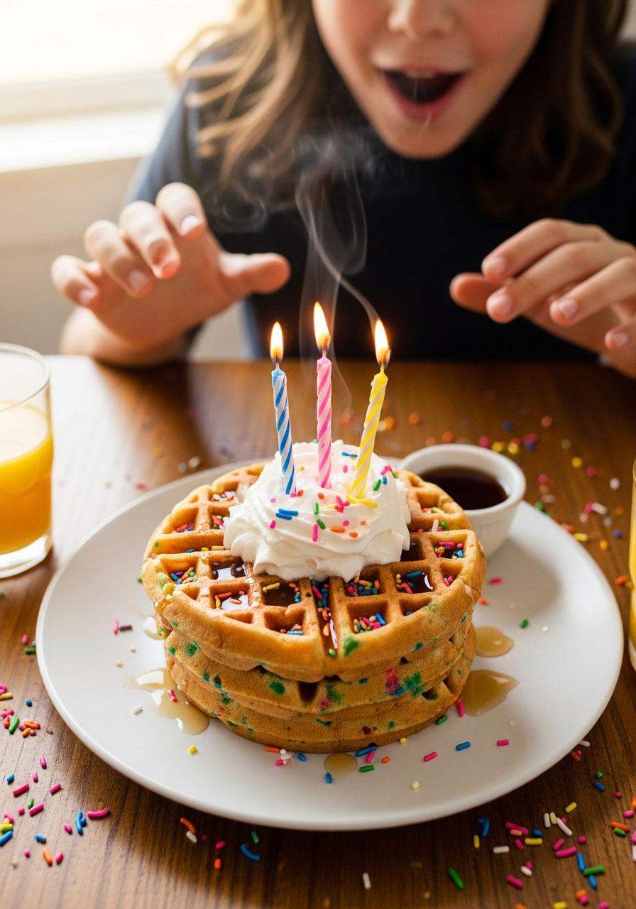 Stack of golden waffles with rainbow sprinkles baked inside topped with whipped cream and birthday candles