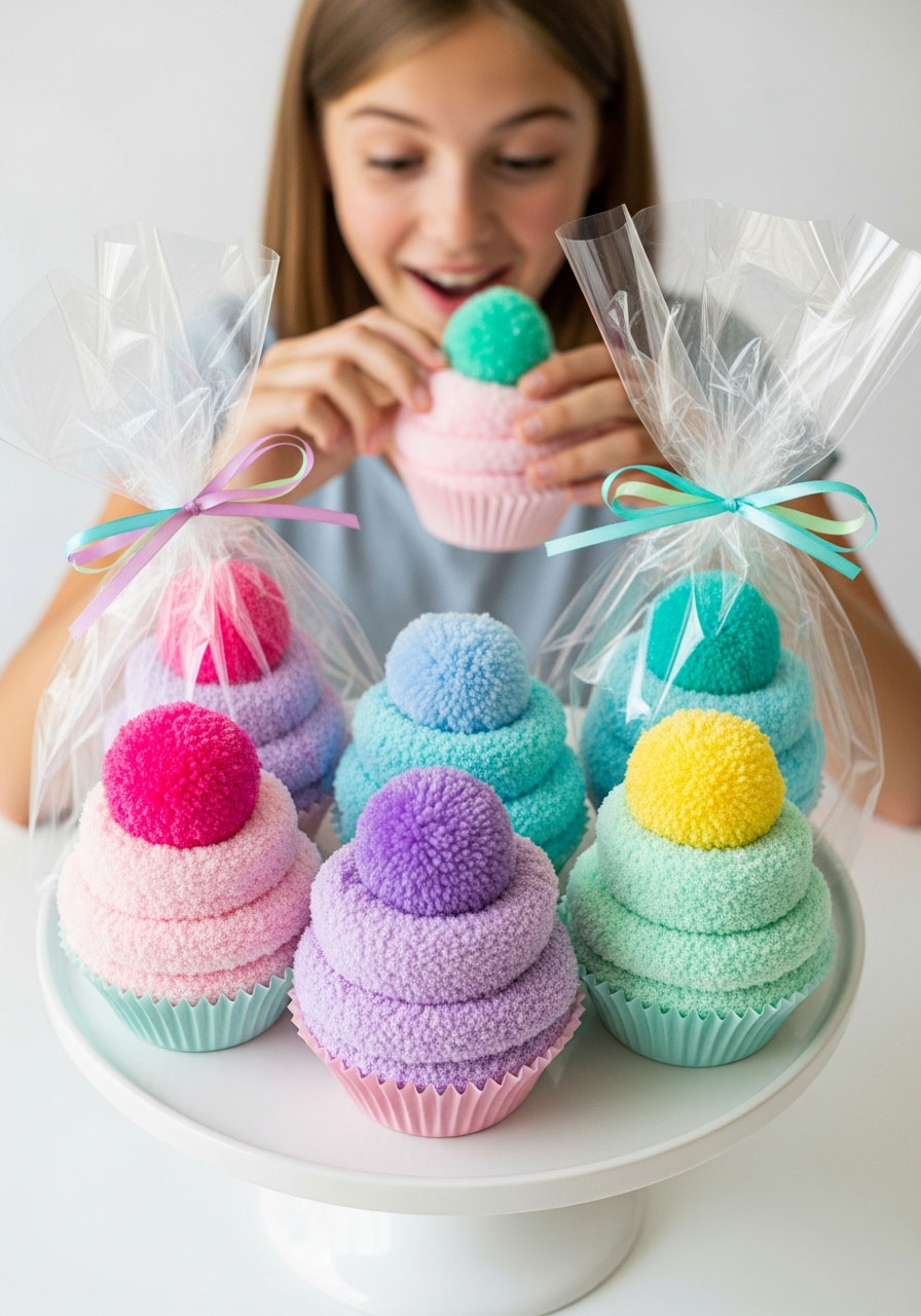 Fuzzy sock cupcakes party favors with pom-pom toppings for tween sleepover birthday party