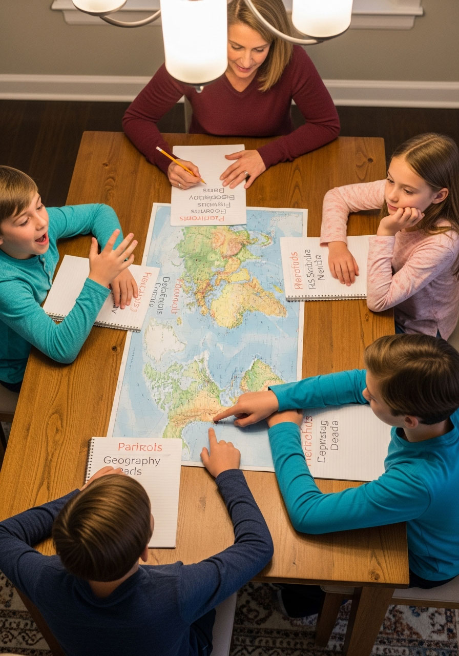 Family playing geography word chain game around table with map - educational indoor game for kids