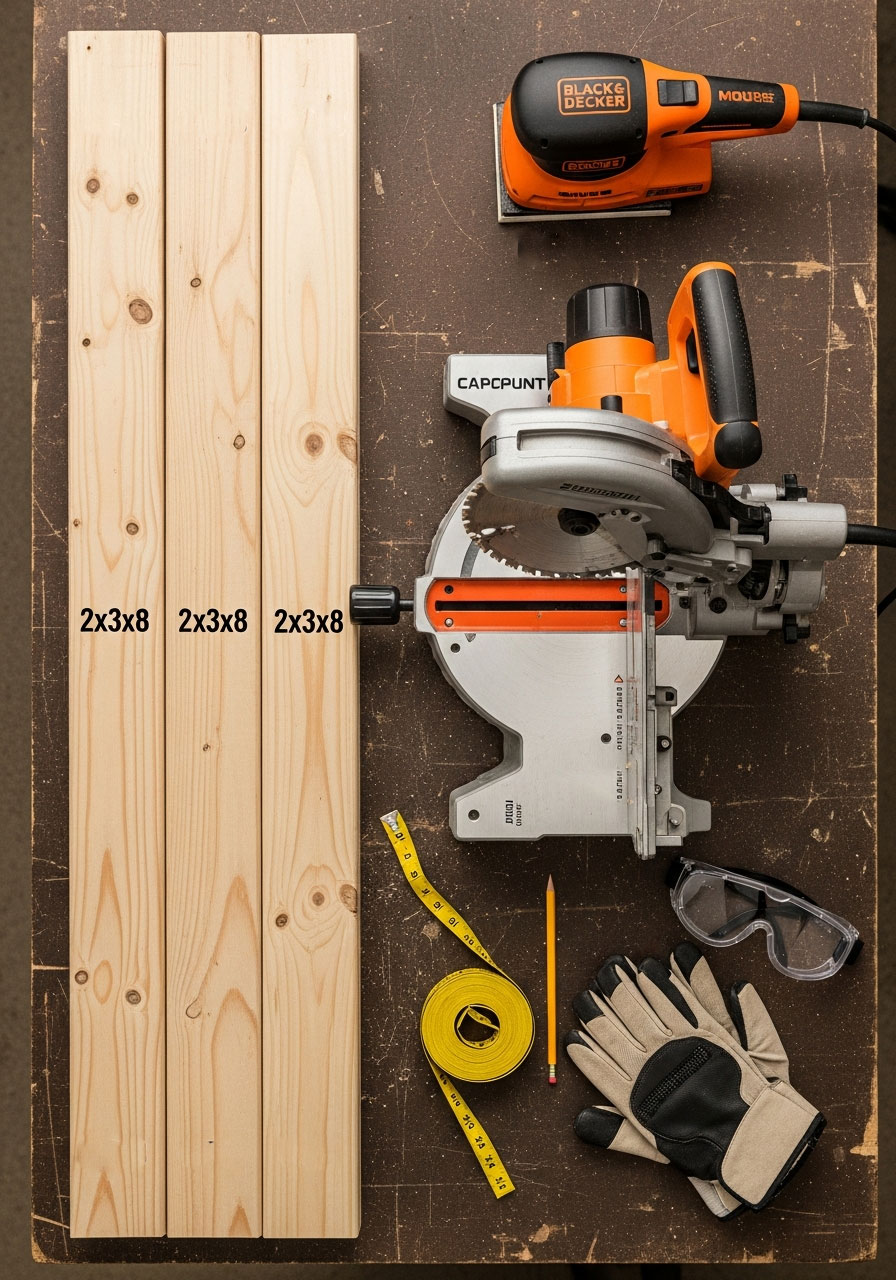 Complete materials and tools needed to make a DIY giant Jenga yard game including 2x3 lumber, miter saw, sander, and safety equipment