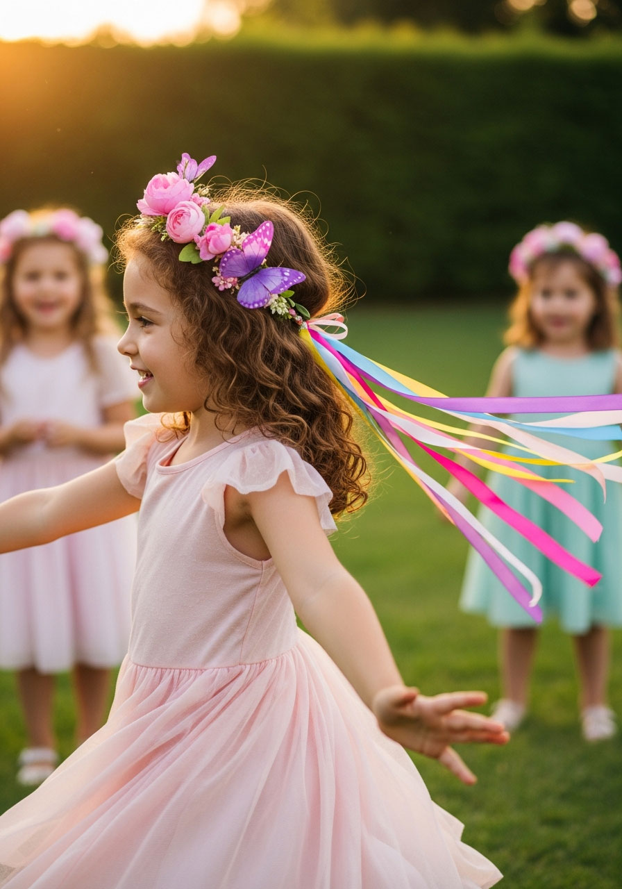 Young girl wearing DIY woodland fairy crown twirling and playing at magical outdoor fairy birthday party