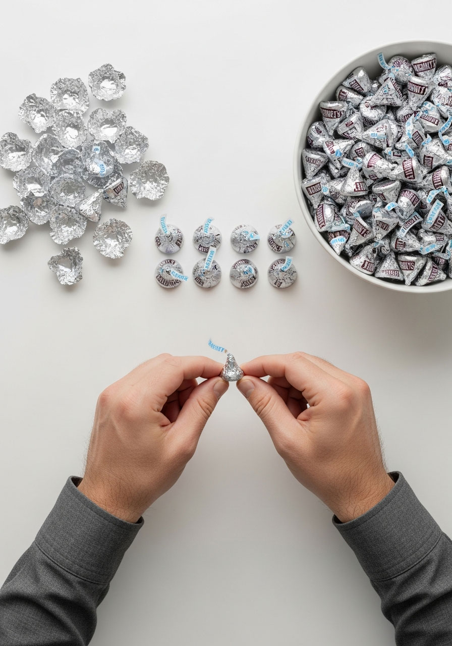 Adult unwrapping Hershey's Kisses in Give Me a Kiss minute to win it game