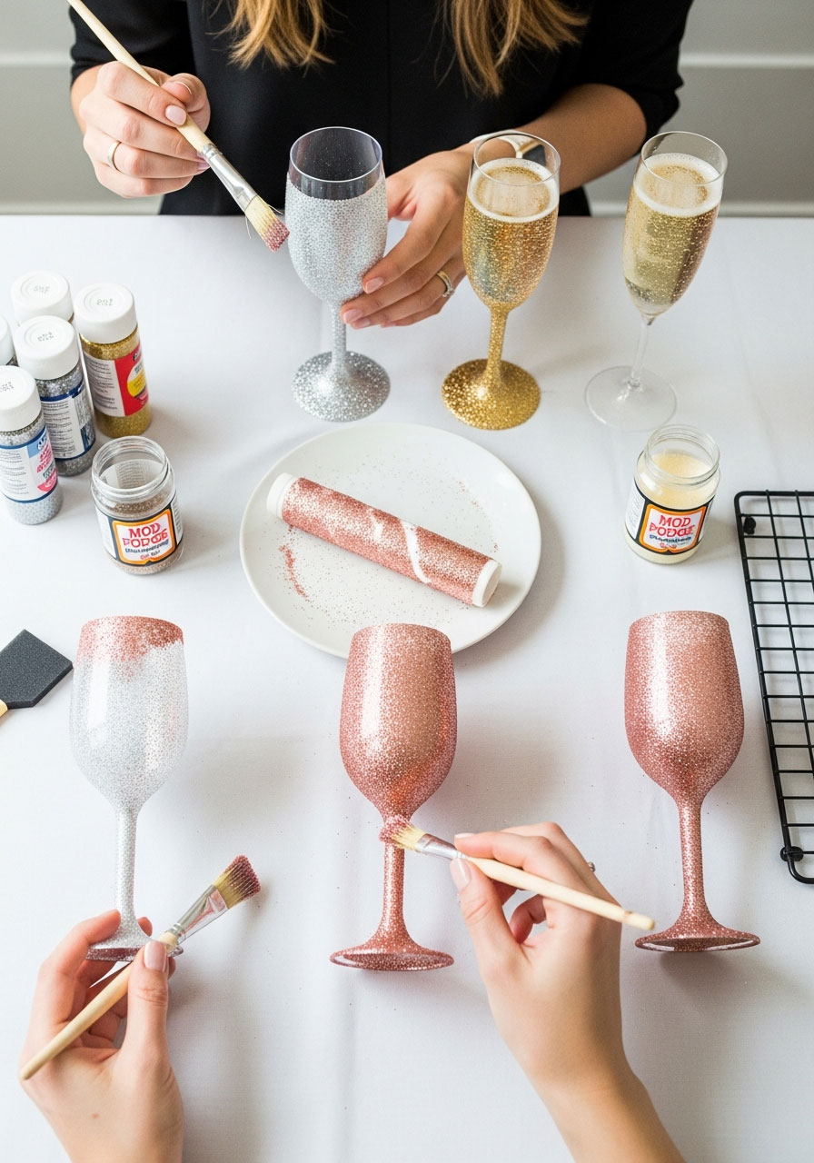Glitter wine glasses plastic party decoration showing sparkly stems on clear cups for cheap DIY birthday celebration