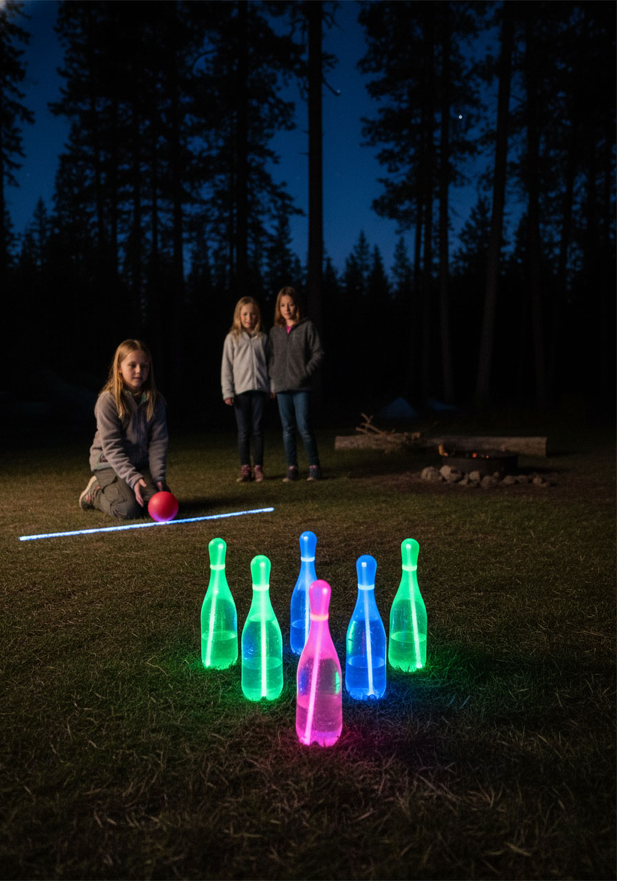 Kids playing glow stick bowling at night during camping trip with illuminated water bottles arranged as bowling pins